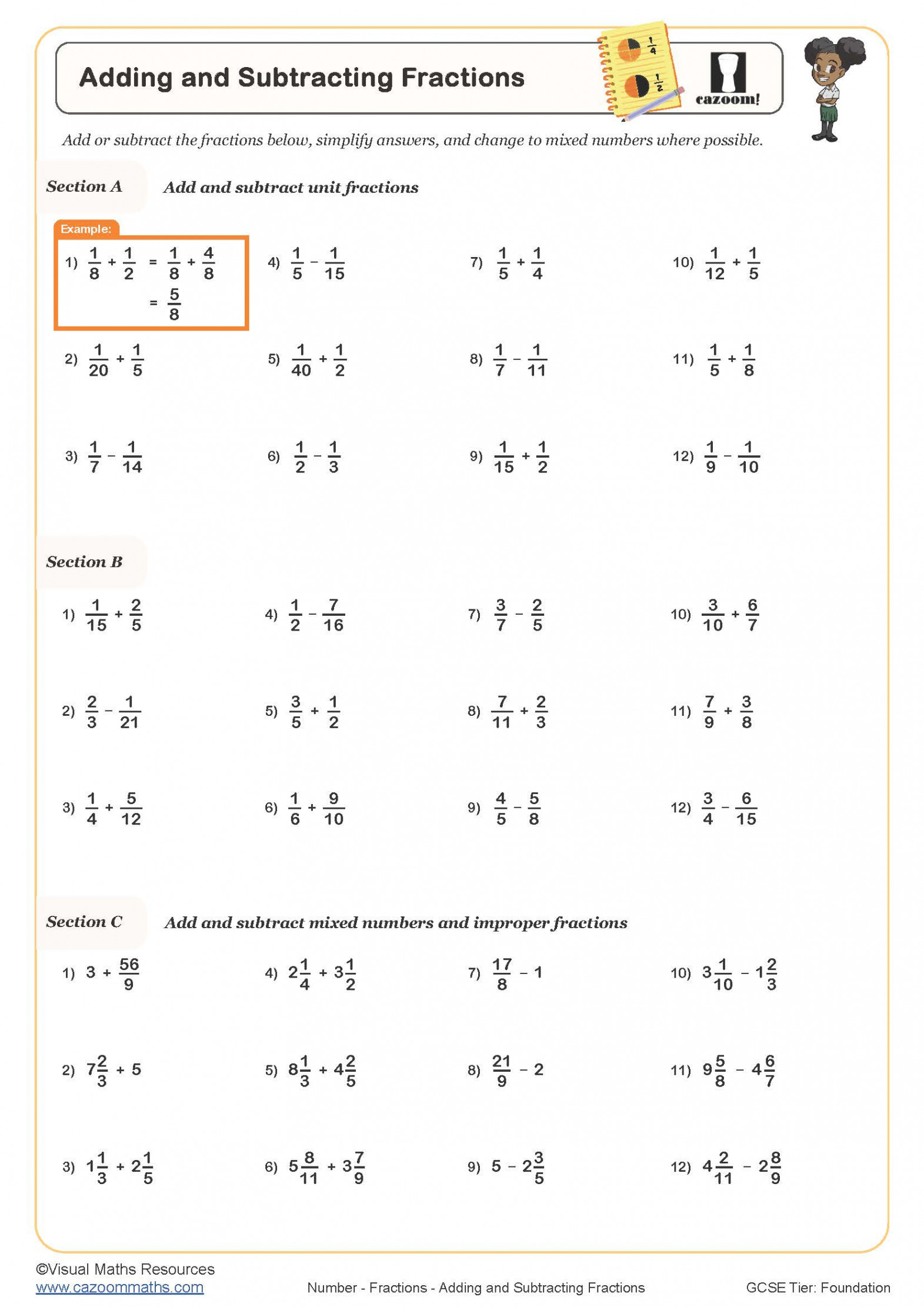 Adding and Subtracting Fractions Worksheet  Printable Maths