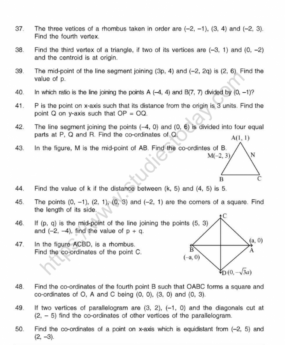 CBSE Class  Mental Maths Coordinate Geometry Worksheet