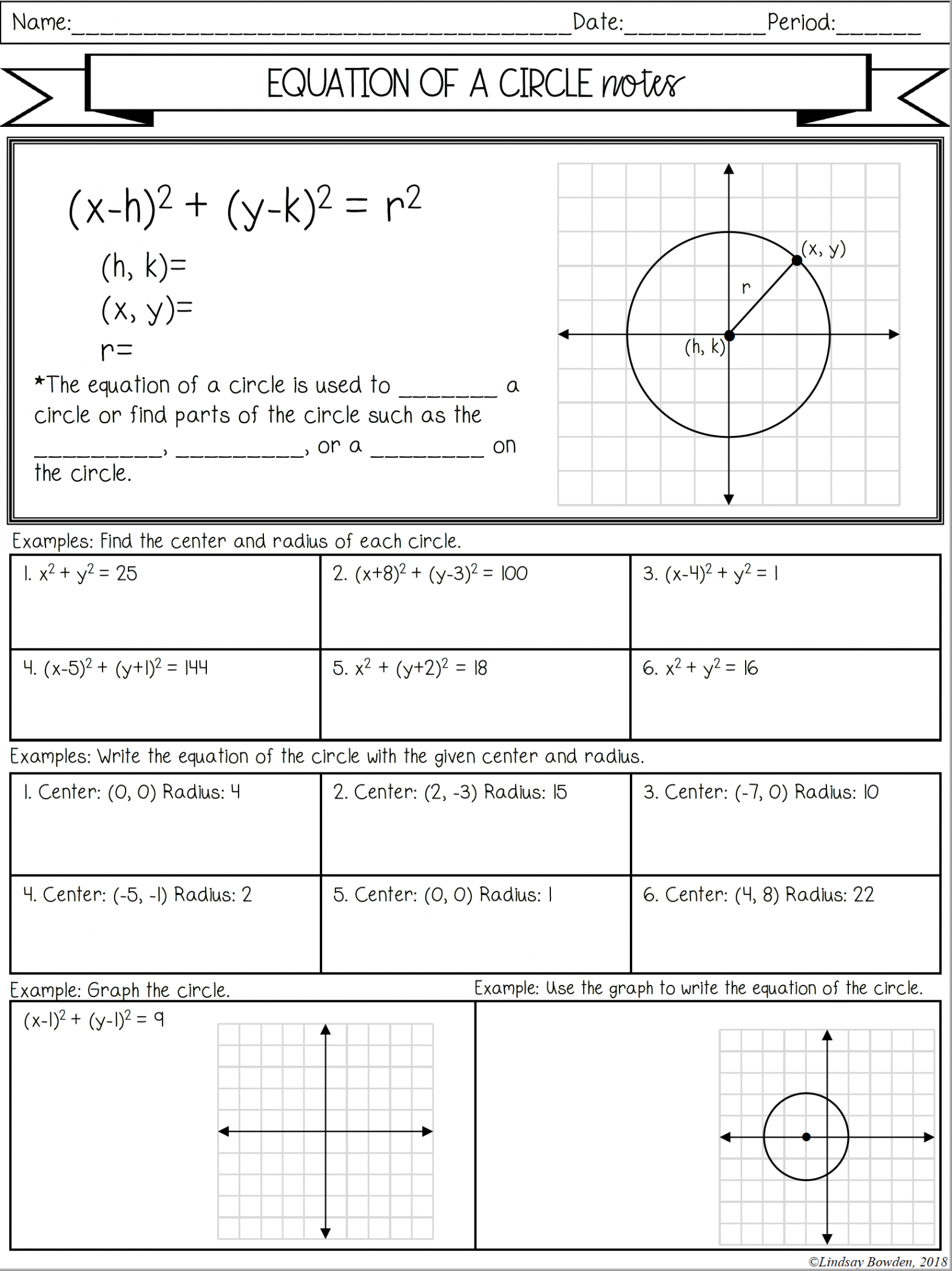 Equation of a Circle Notes and Worksheets - Lindsay Bowden