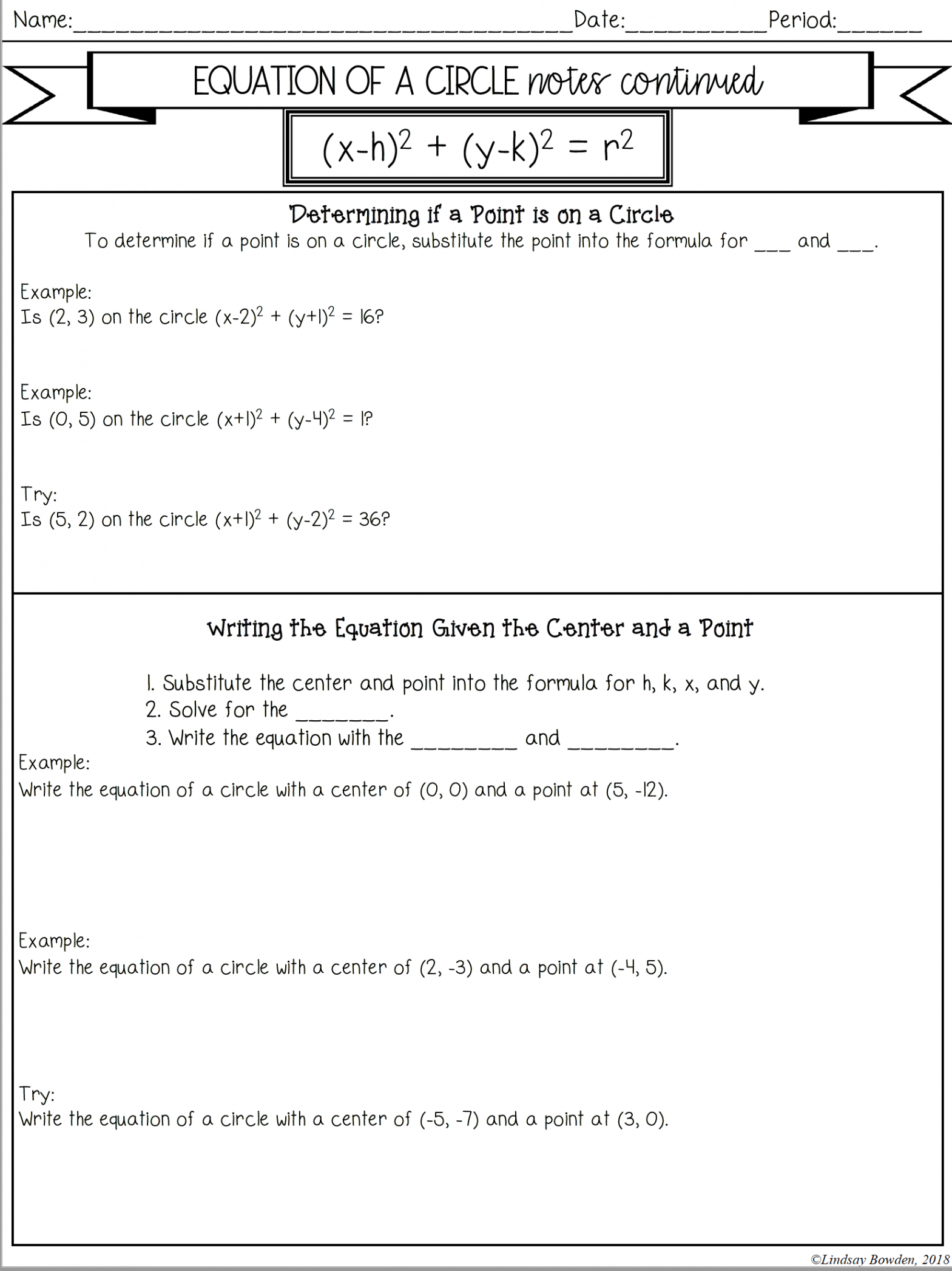 Equation of a Circle Notes and Worksheets - Lindsay Bowden