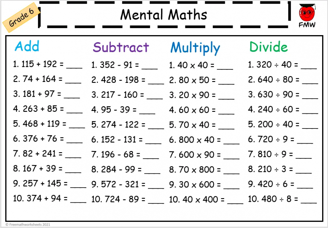 Grade  Mental Math Worksheets  Free Printables