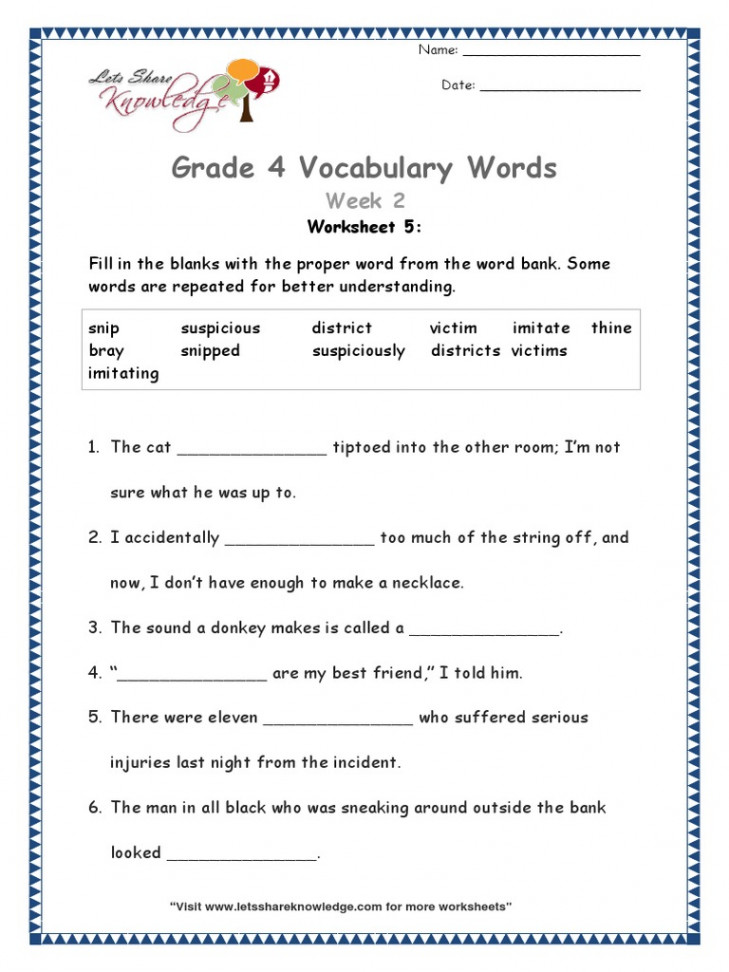 Grade  Vocabulary Week  Worksheet   PDF