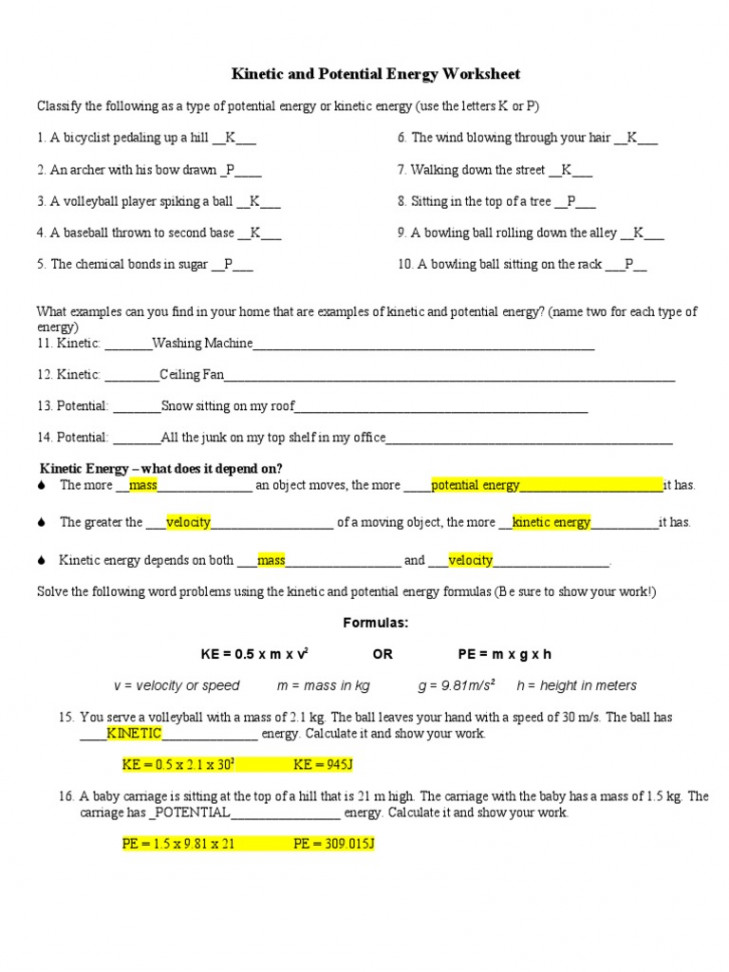 Kinetic and Potential Energy Worksheet Answer Key  PDF  Kinetic