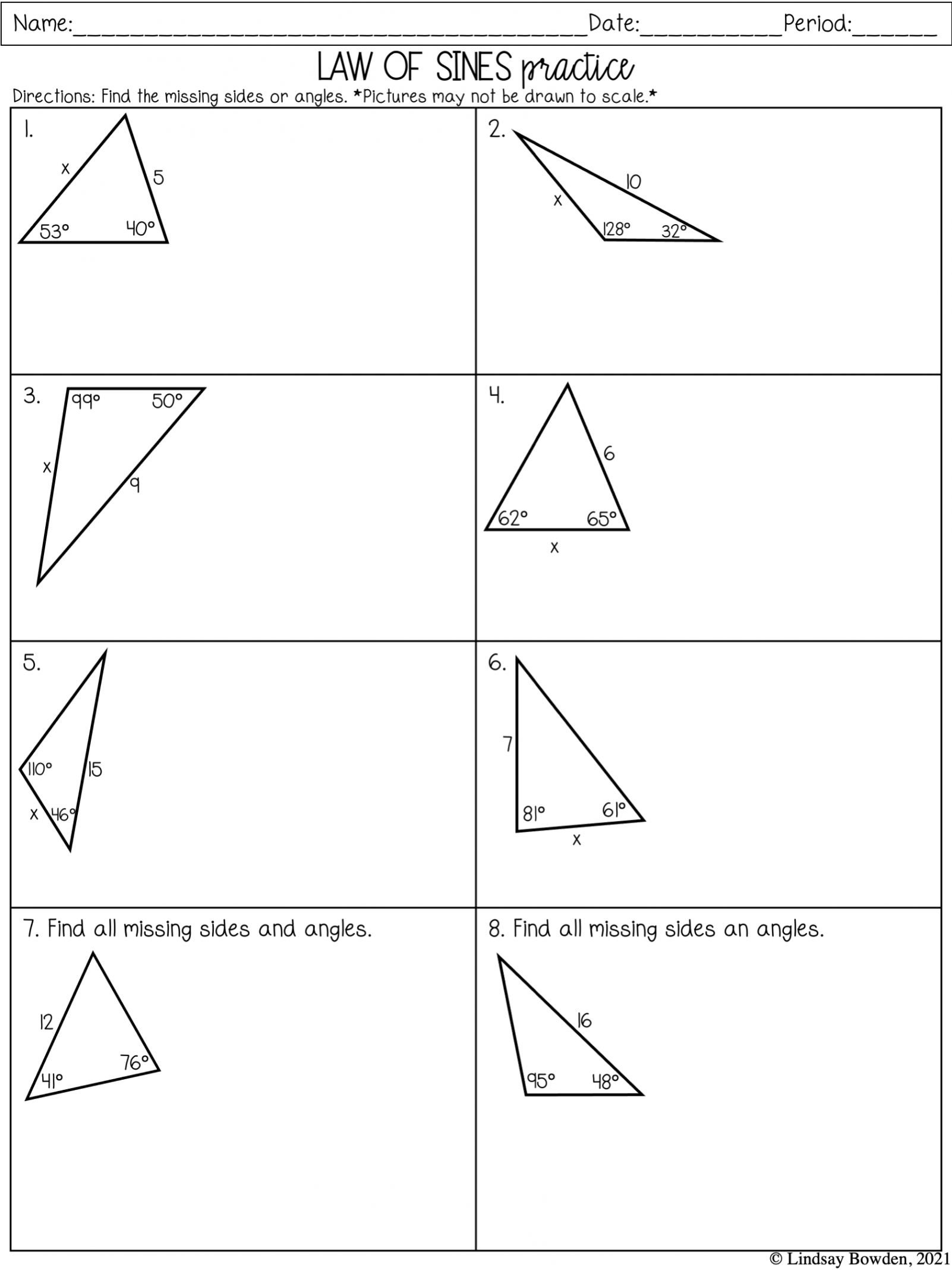 Law of Sines and Cosines Notes and Worksheets - Lindsay Bowden