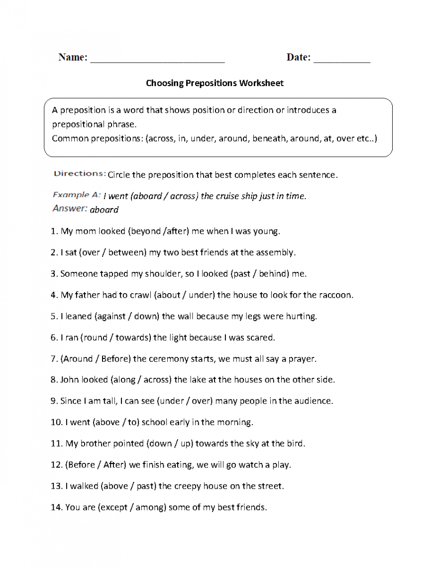 Parts of a Sentence Worksheets  Prepositional Phrase Worksheets