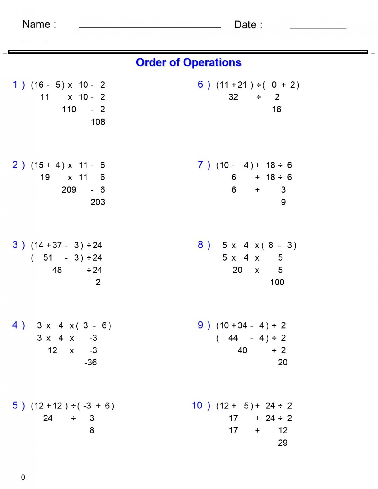 "PEMDAS Problems Order of Operations Worksheets - Basic with Parentheses