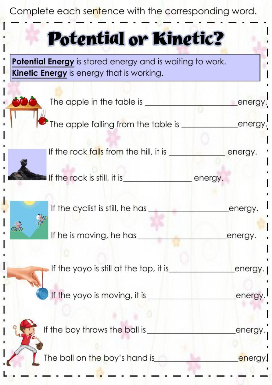 Potential and kinetic energy worksheet  Live Worksheets