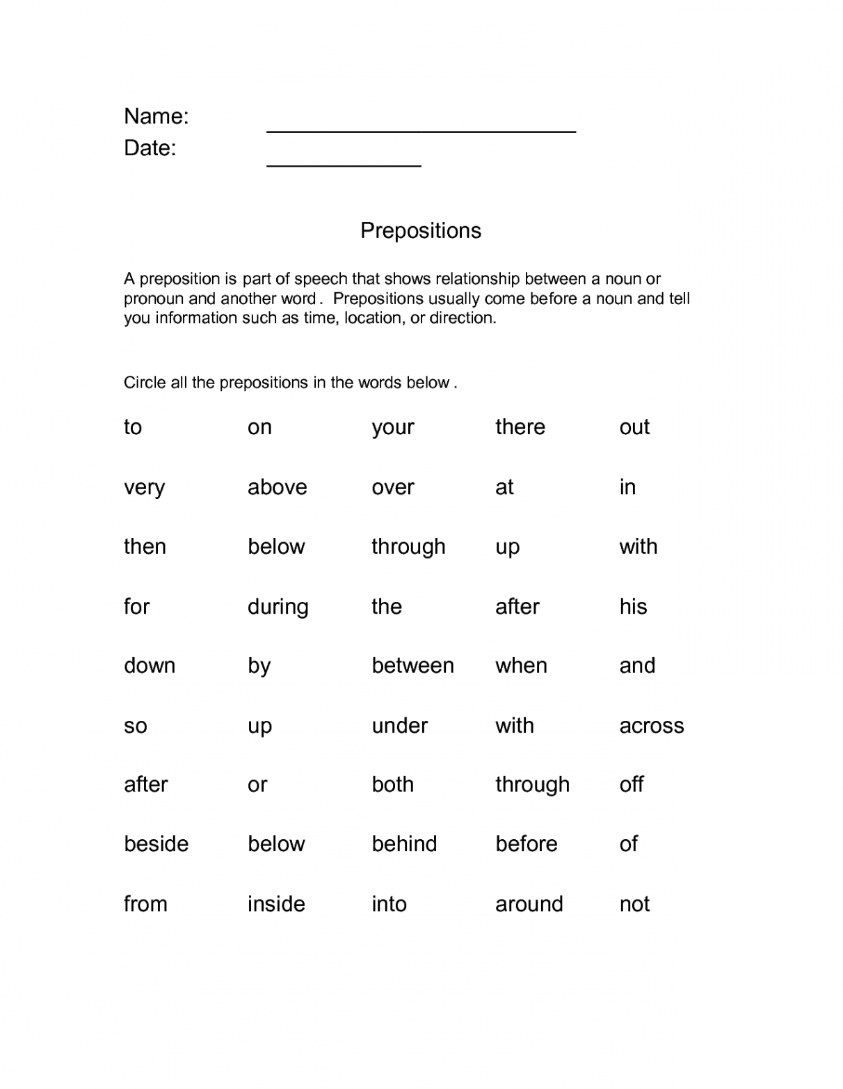 Prepositional Phrase Worksheet - Download as PDF  Prepositional