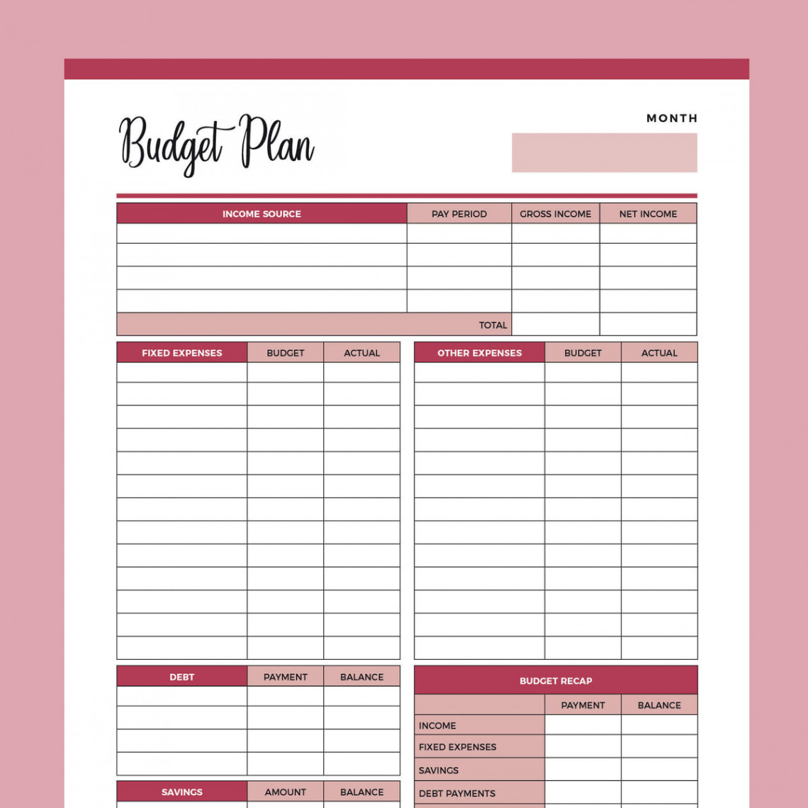 Printable Budget Worksheet  US Letter & A PDF  FREE Download