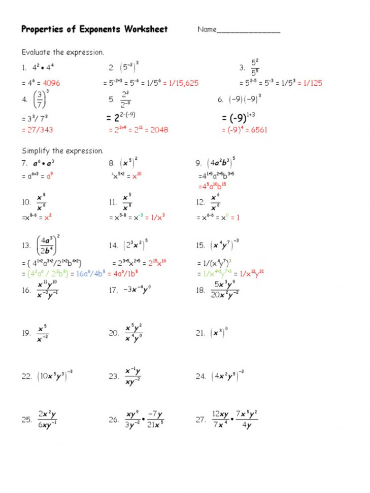 Properties of Exponents Worksheet: ( A /  B) /x y  PDF