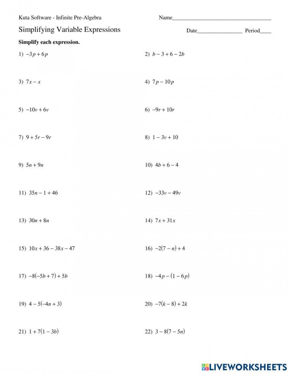 Simplify Algebraic Expression worksheet  Live Worksheets