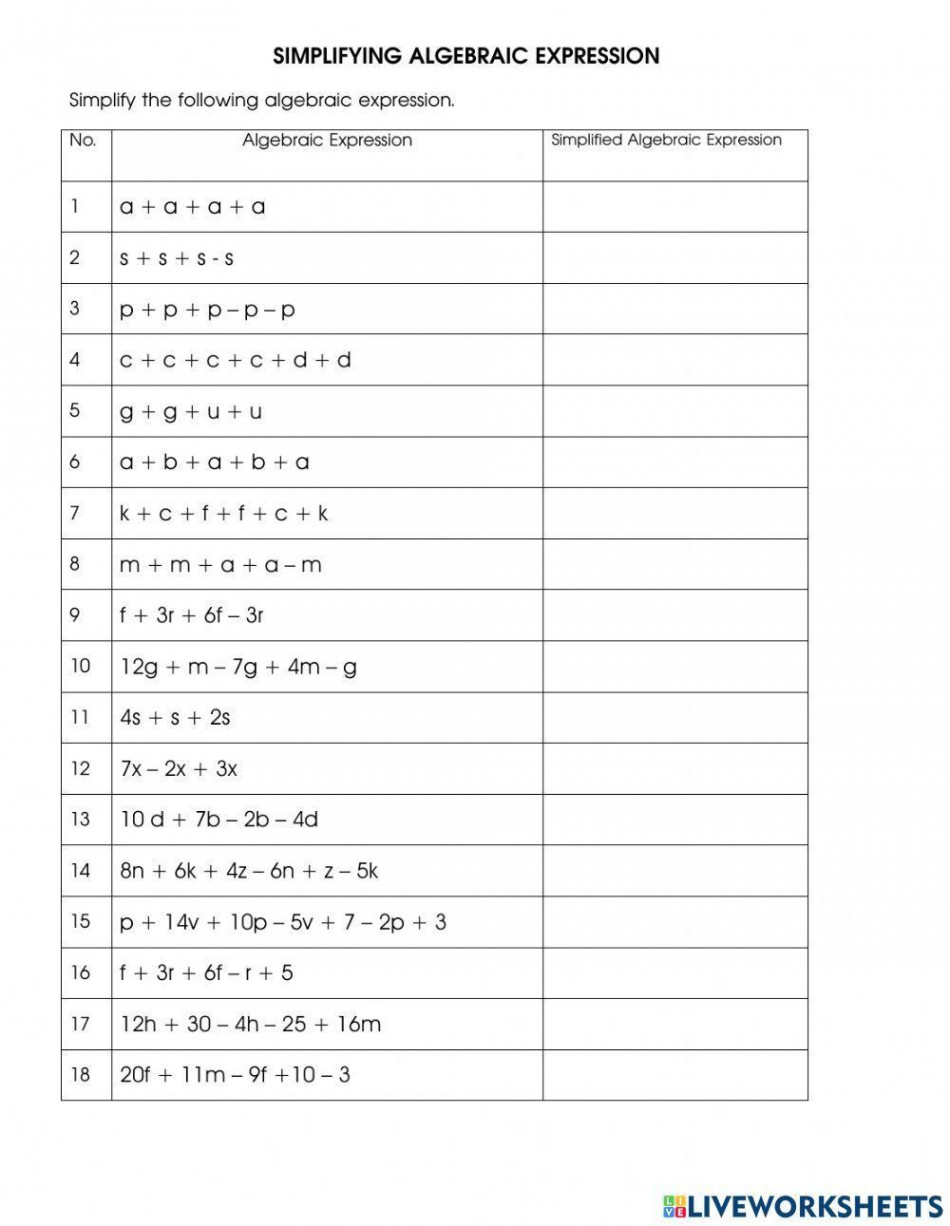 Simplifying algebraic expression worksheet  Live Worksheets