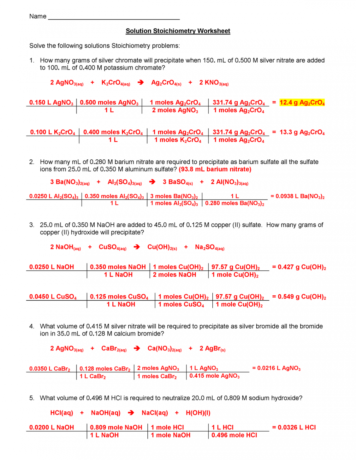 Solution-Stoichiometry worksheet key - Studocu