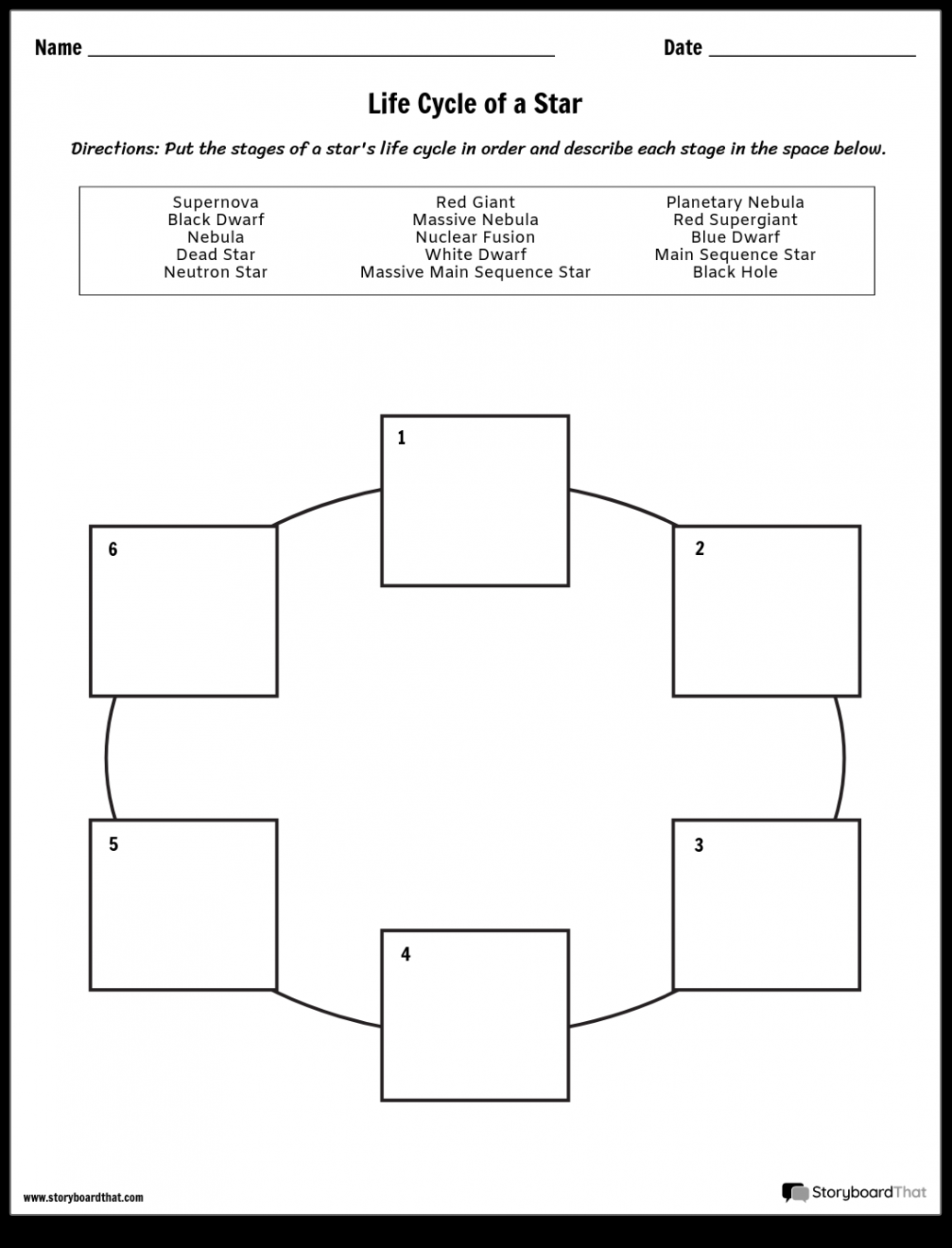 Star Life Cycle Worksheet Storyboard by kristen