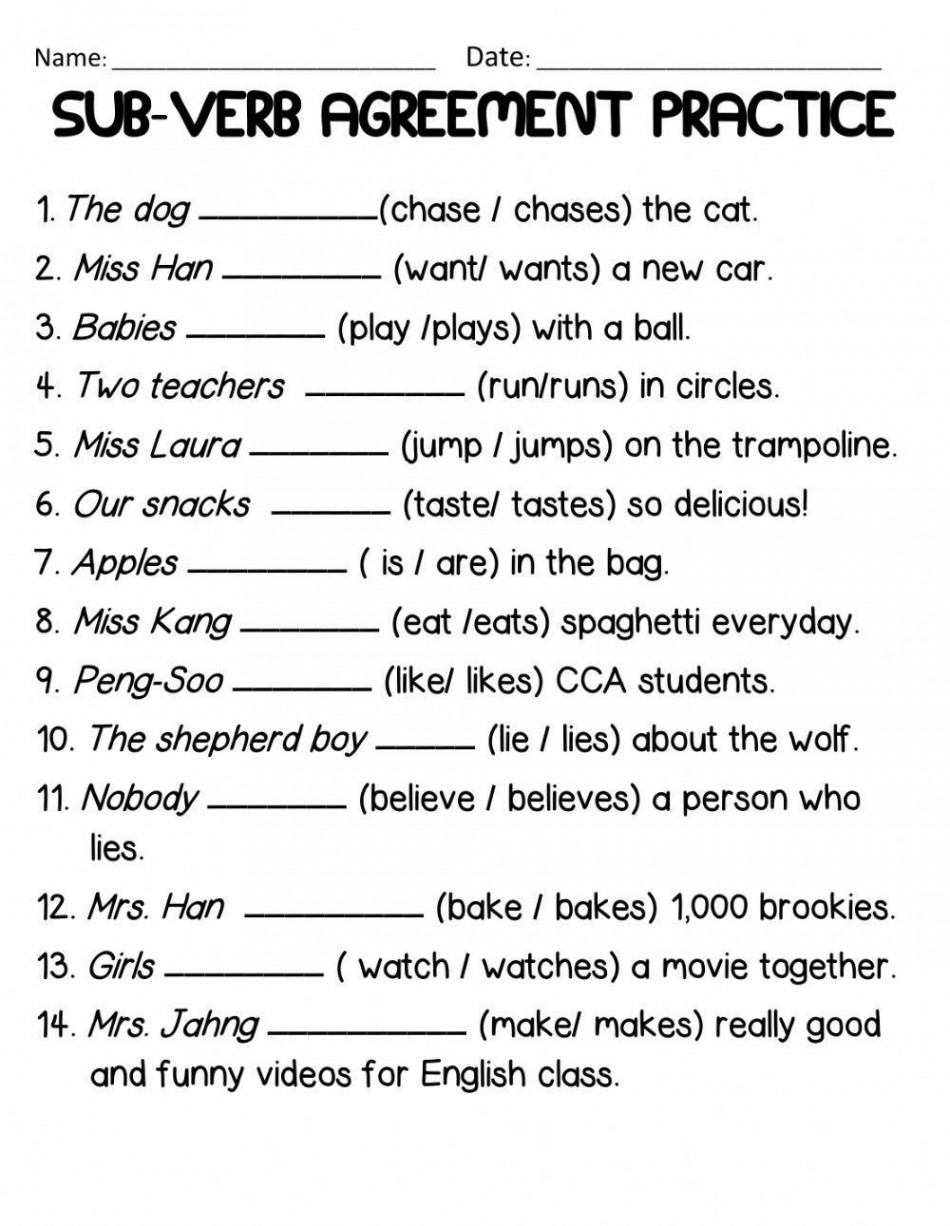 Sub-Verb Agreement practice worksheet  Live Worksheets