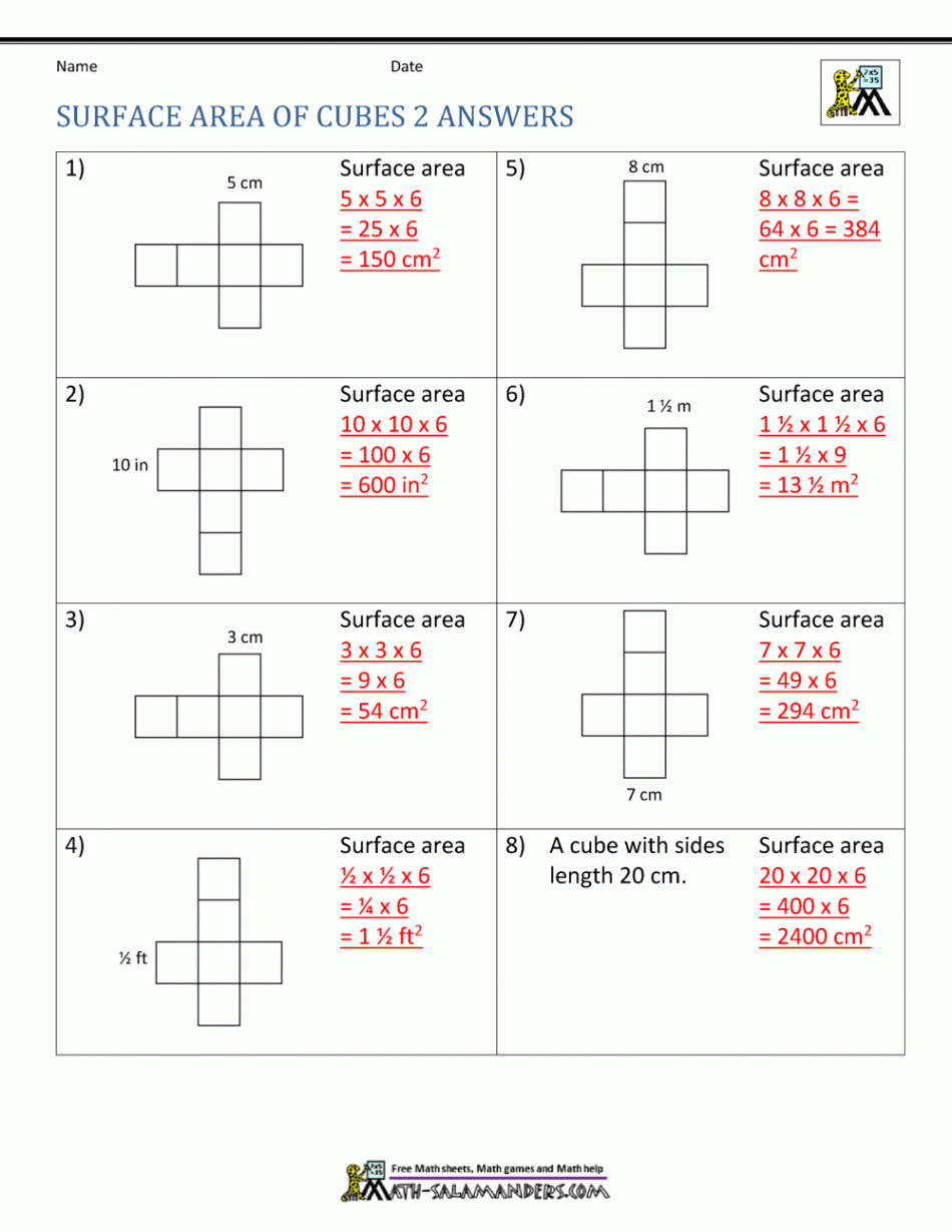Surface Area Worksheet th Grade