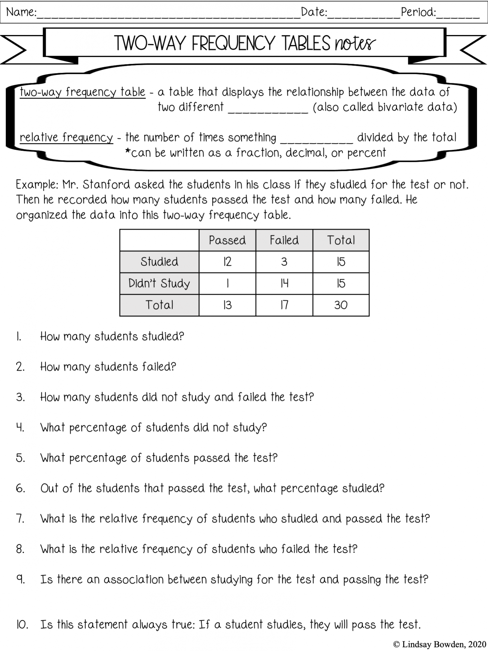 Two-Way Frequency Tables Notes and Worksheets - Lindsay Bowden