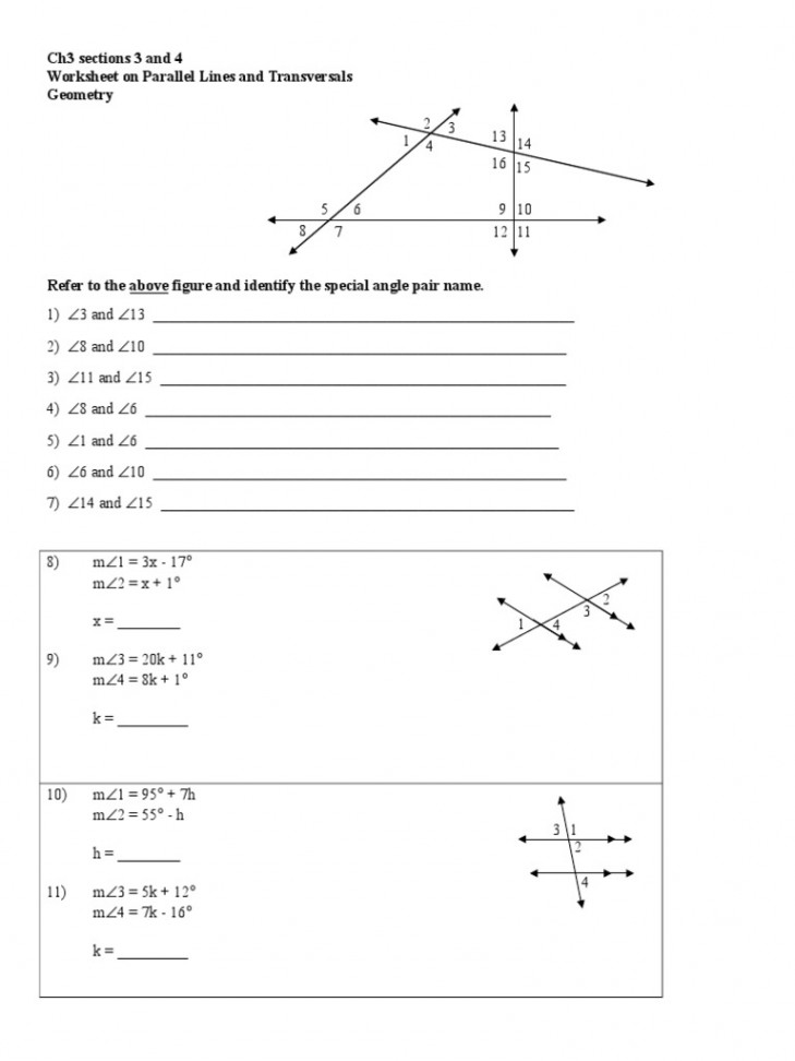 Worksheet On Parallel Lines and Transversals  PDF