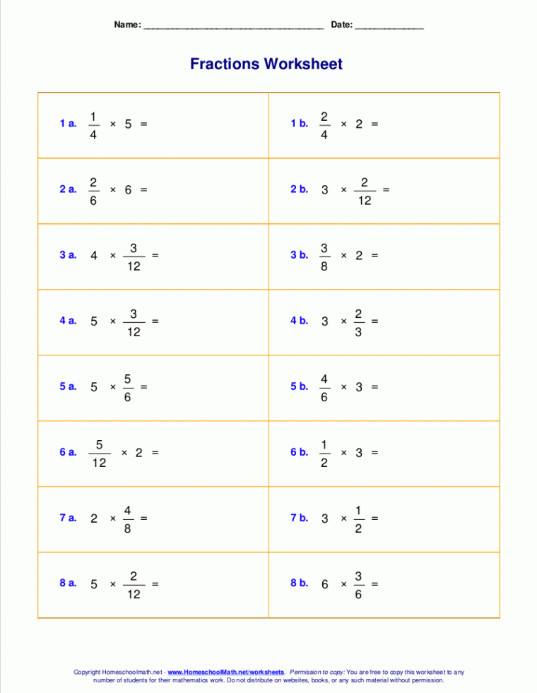 Worksheets for fraction multiplication