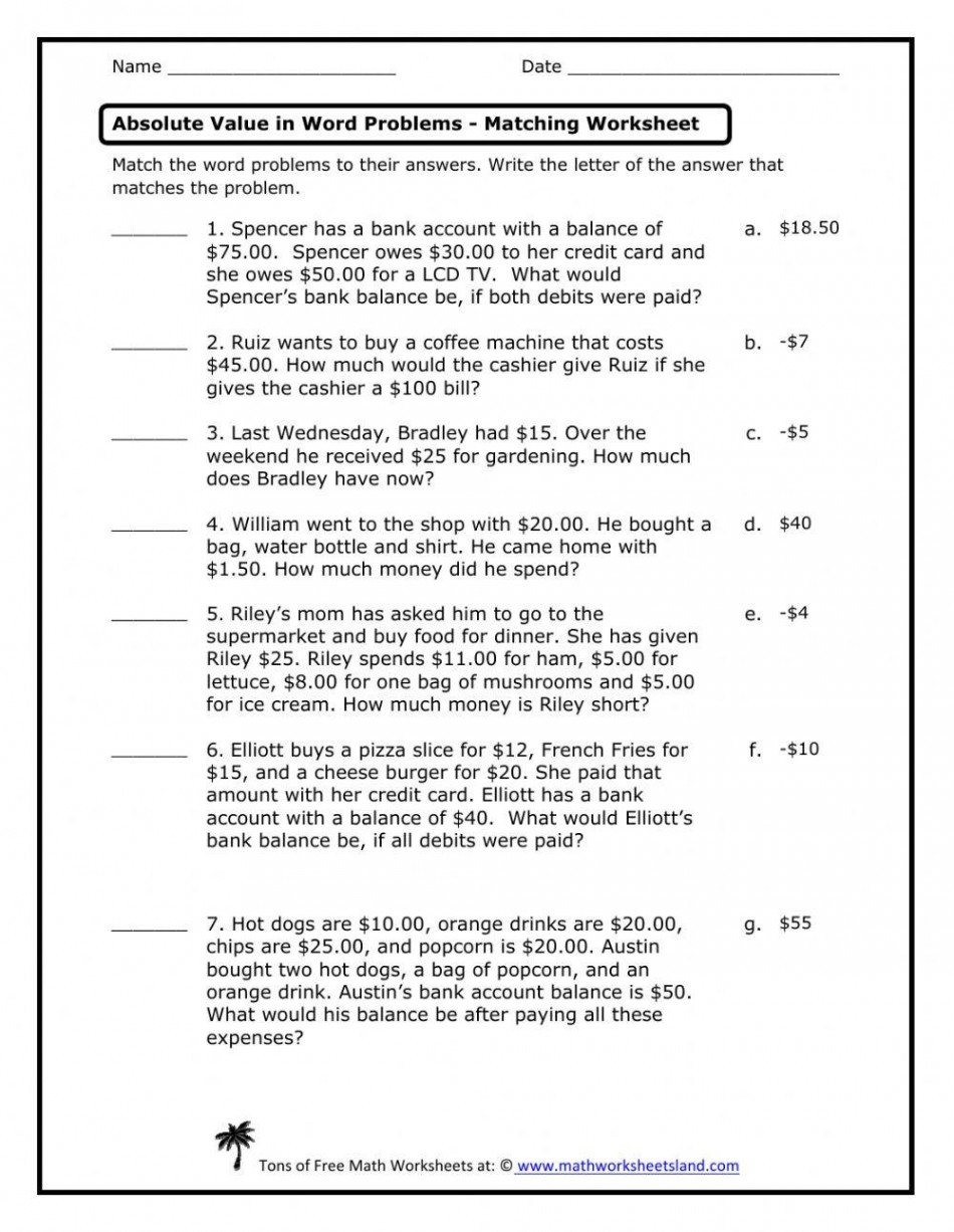 Absolute Value Word Problems Matching worksheet  Live Worksheets