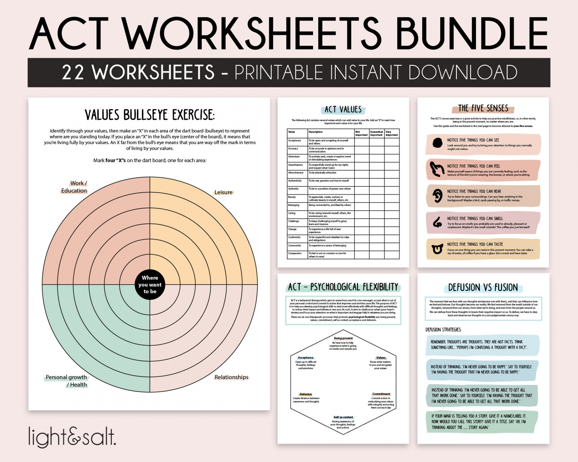 ACT Therapy Worksheets Acceptance and Commitment Therapy - Etsy