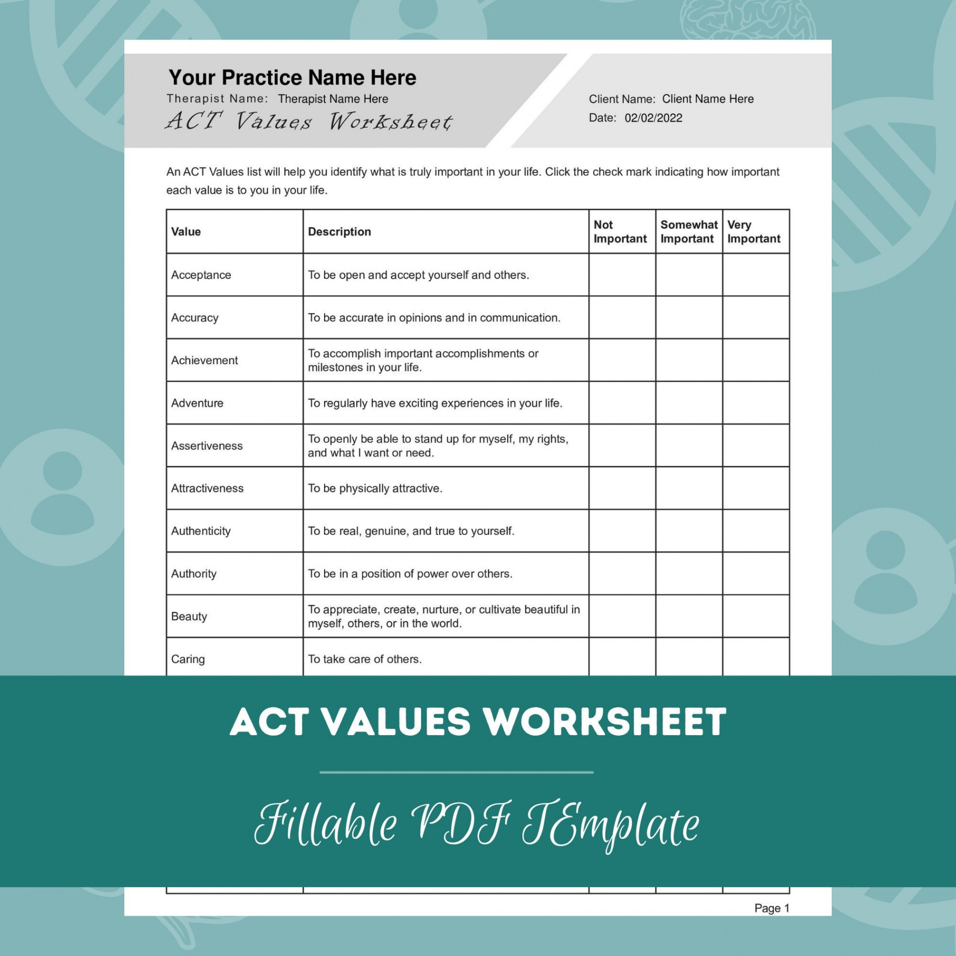 ACT Values Worksheet Editable / Fillable PDF for - Etsy UK