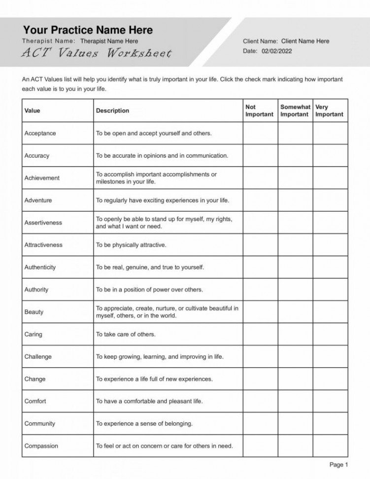 ACT Values Worksheet PDF Template - TherapyByPro