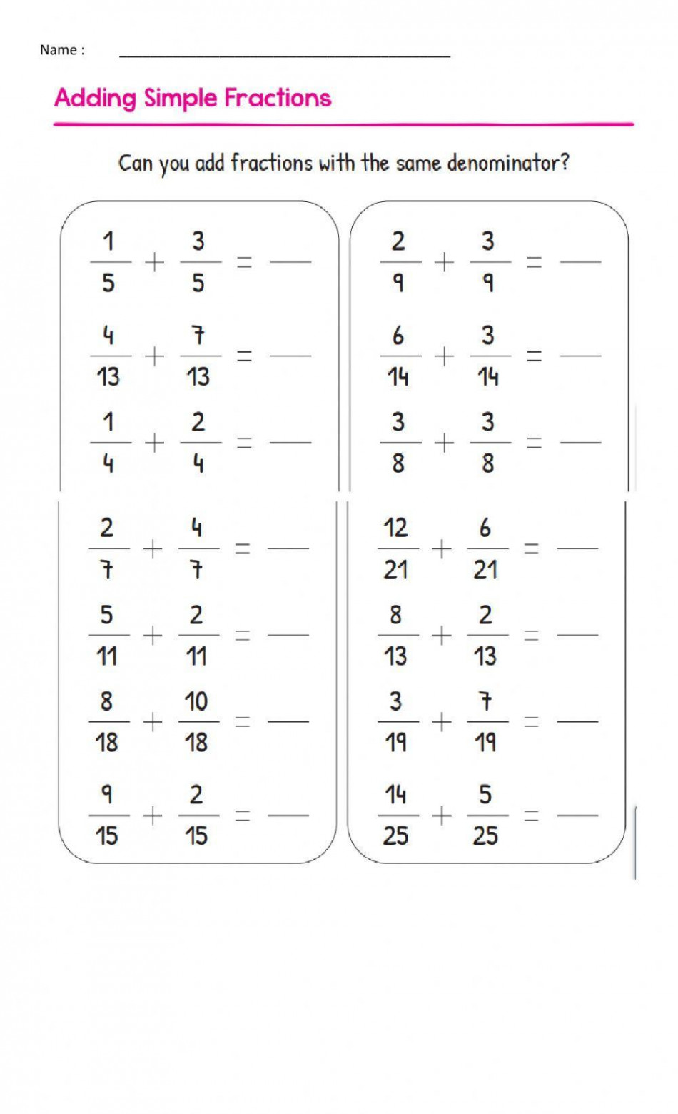 Adding and Subtracting Fractions with Like Denominators worksheet