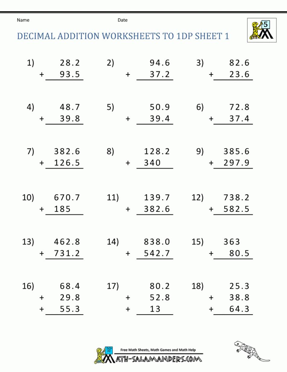 Adding Decimals Worksheet th Grade