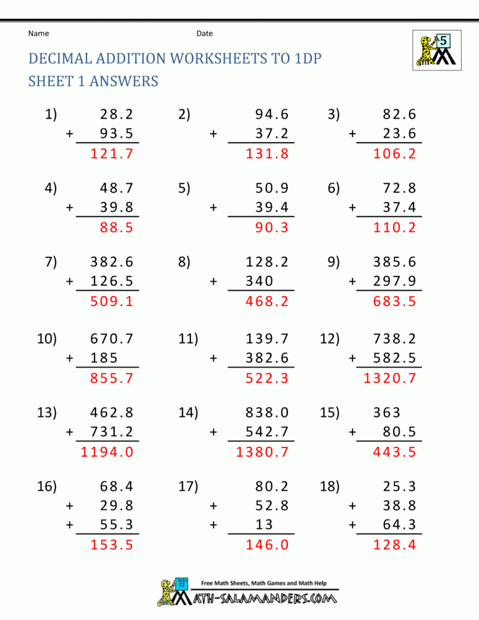 Adding Decimals Worksheet th Grade