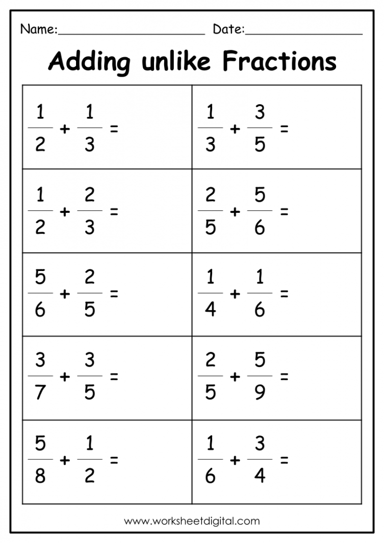 Adding Fractions with Unlike Denominators - Worksheet Digital