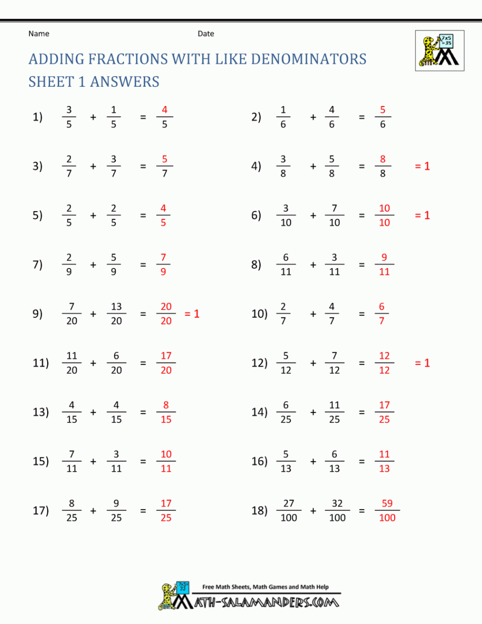 Adding Fractions Worksheets