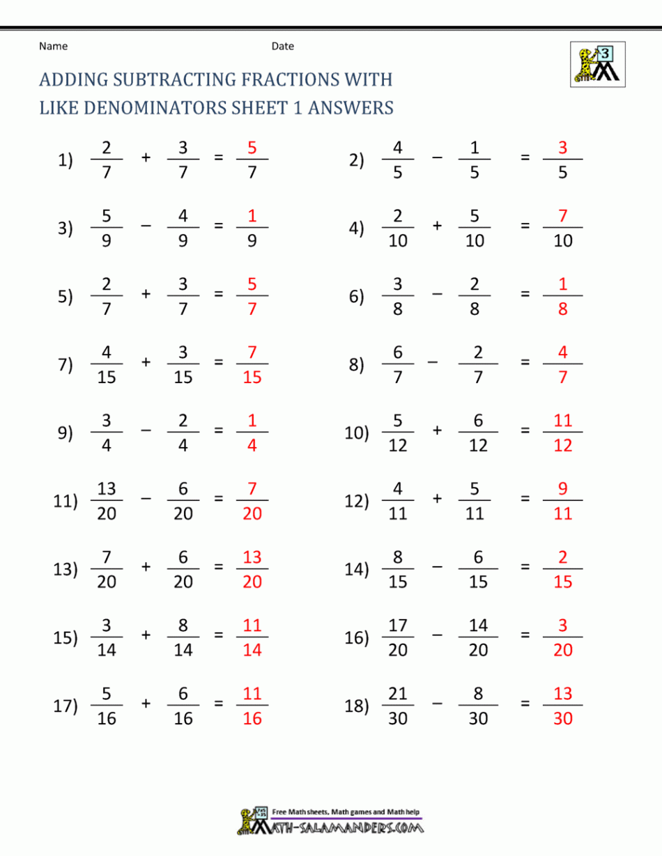 Adding Subtracting Fractions with like denominators Sheet