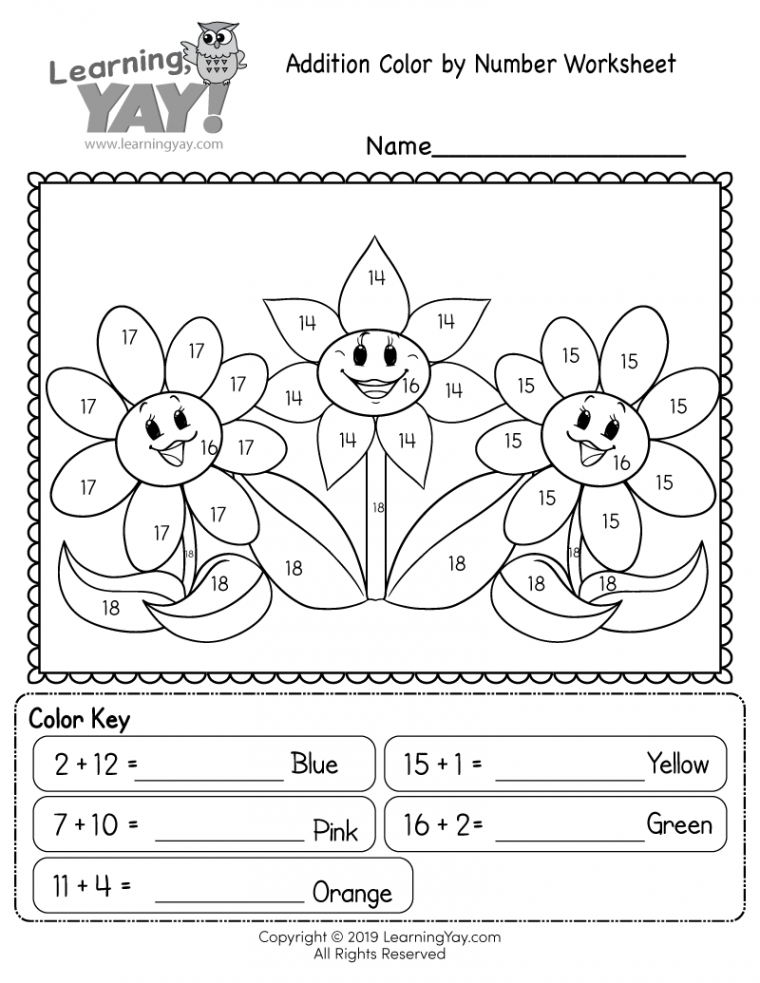 Addition Color by Number Worksheet  st grade worksheets