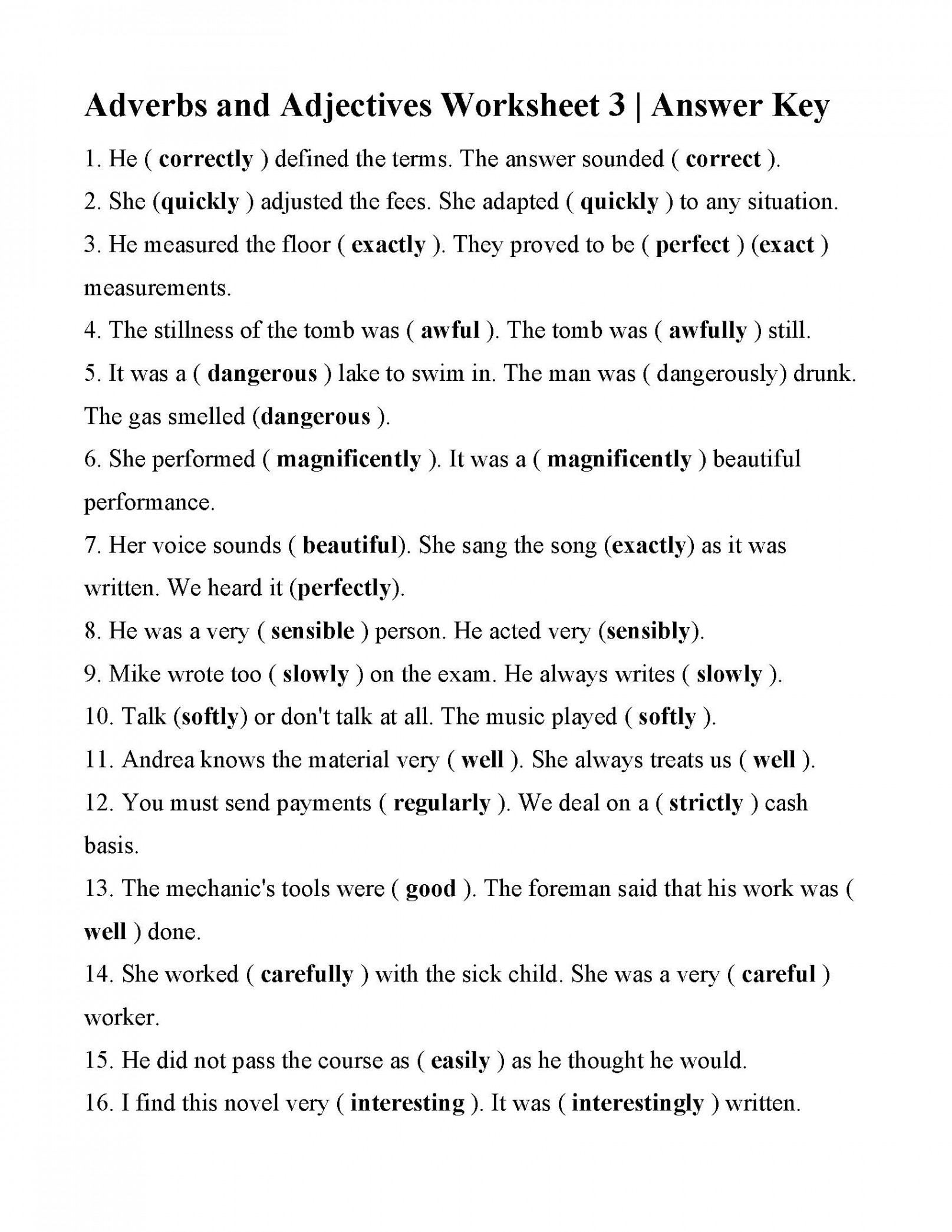 Adverbs and Adjectives Worksheet   Answers