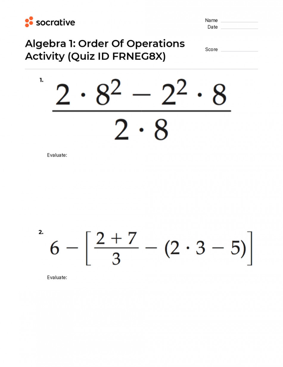 Algebra  Order Of Operations Activity – Quiz Shop