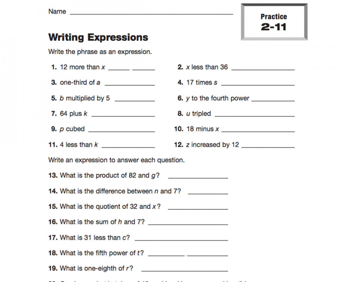 Algebraic Expressions and Exponent Worksheets, Printables