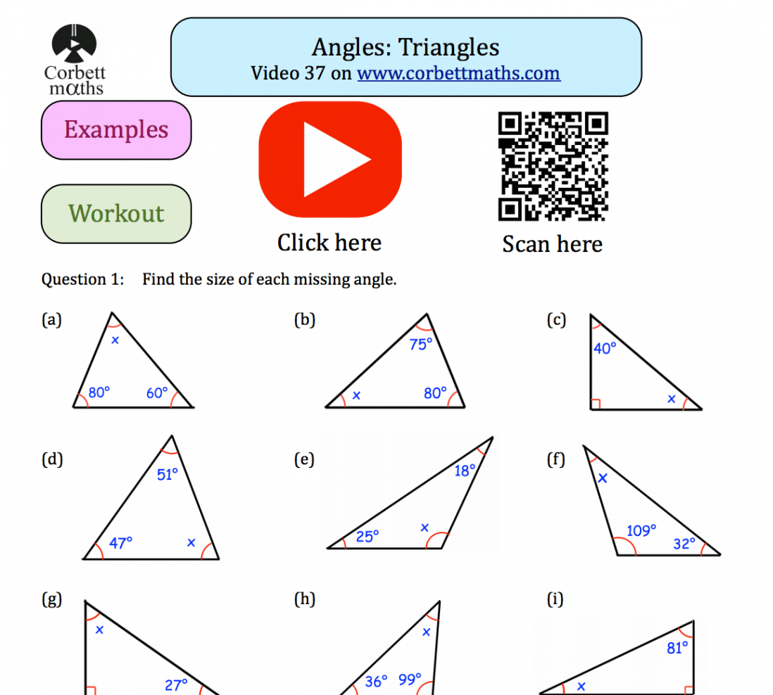 Angles in a Triangle Textbook Exercise – Corbettmaths