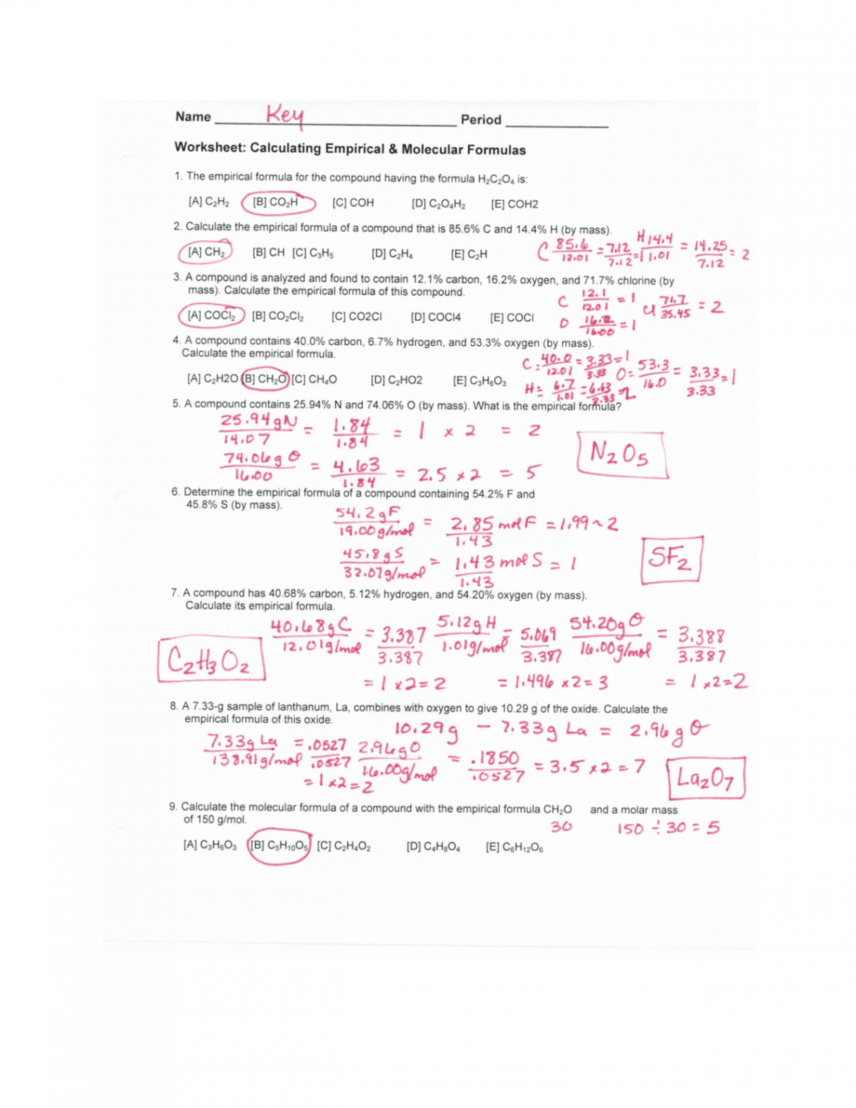 Answer Key Empirical and Molec Formula WS