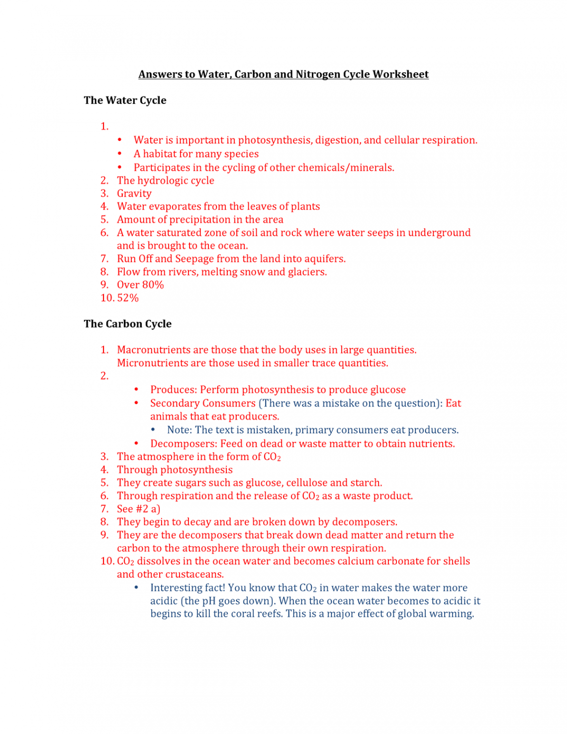 Answers to cycles worksheet - Answers to Water, Carbon and