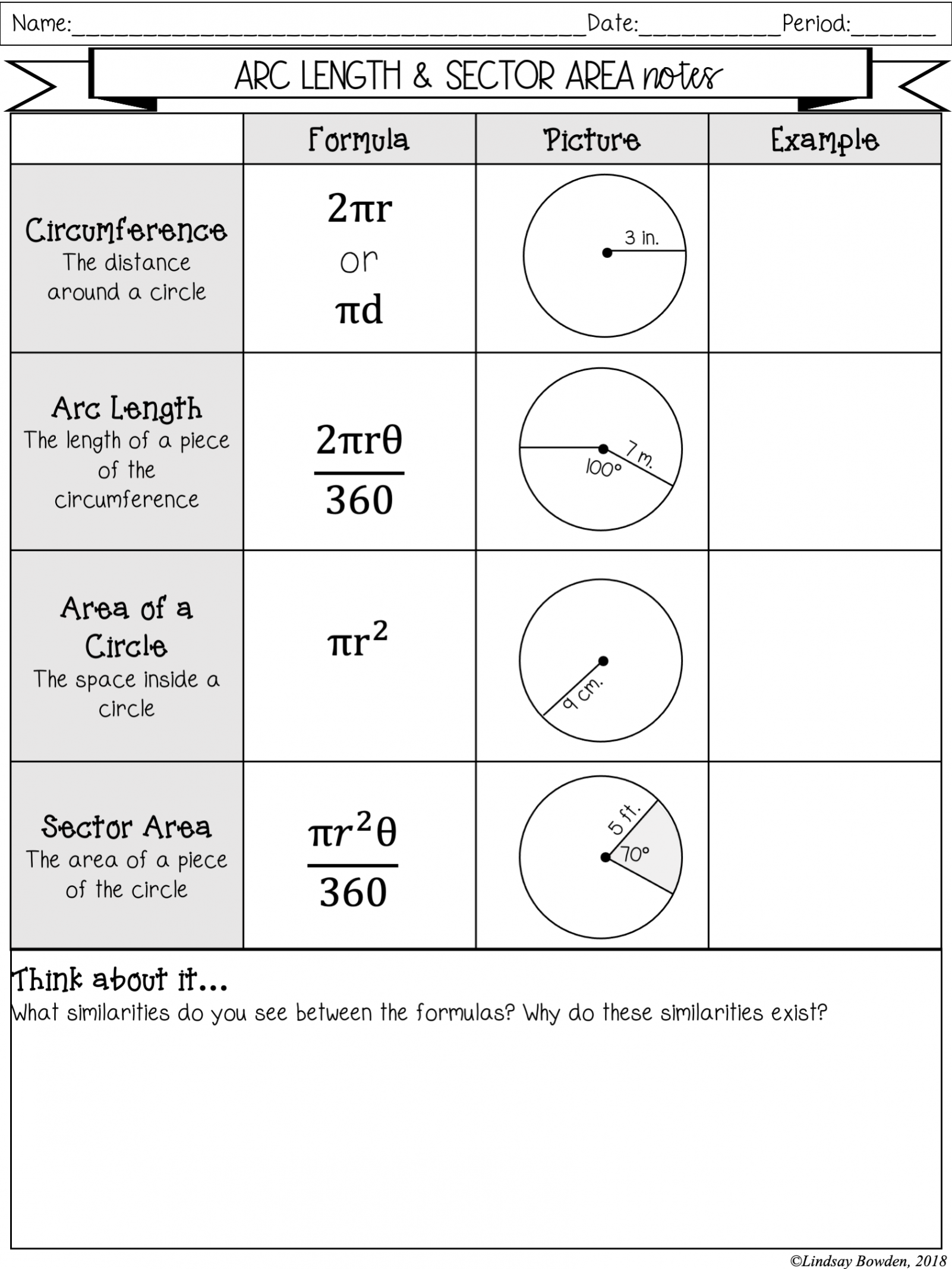 Arc Length and Sector Area Notes and Worksheets - Lindsay Bowden