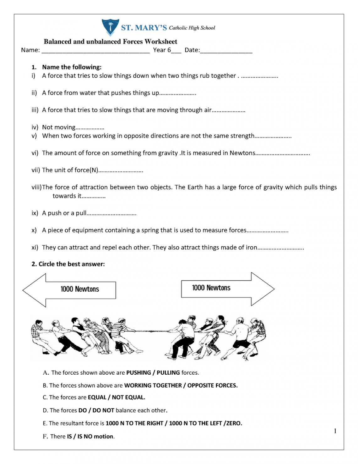 Balanced and unbalances forces worksheet -  Balanced and