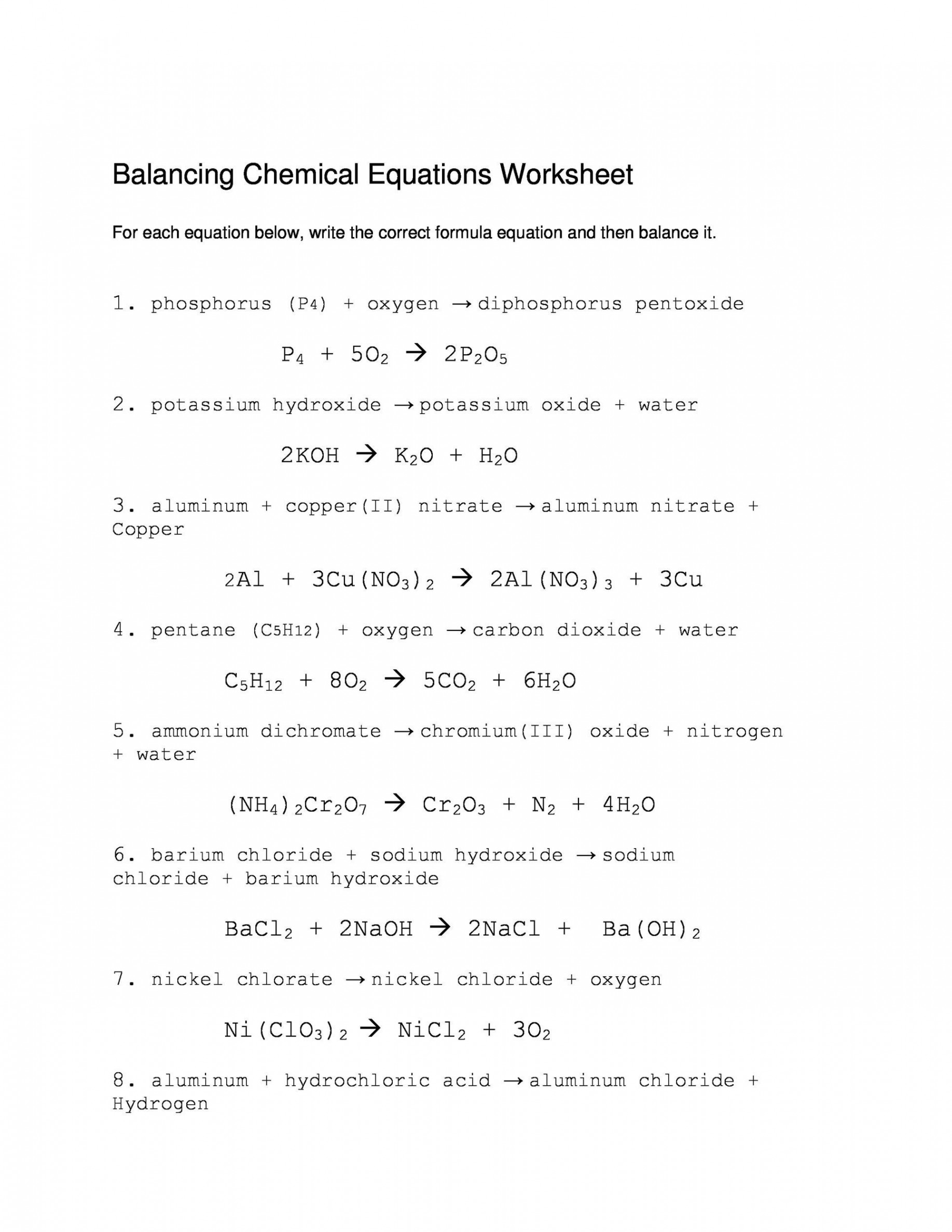 Balancing Chemical Equations Worksheets [with Answers]