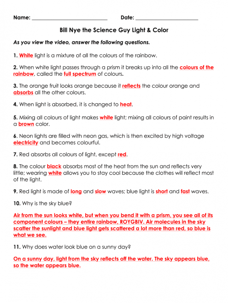 Bill Nye The Science Guy Light And Color Worksheet - Fill Online