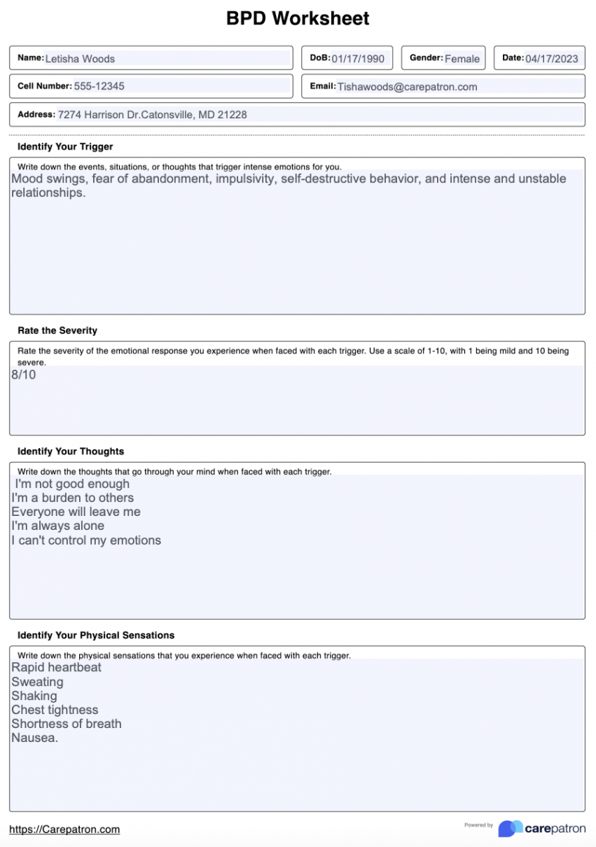 Borderline Personality Disorder Worksheet & Example  Free PDF