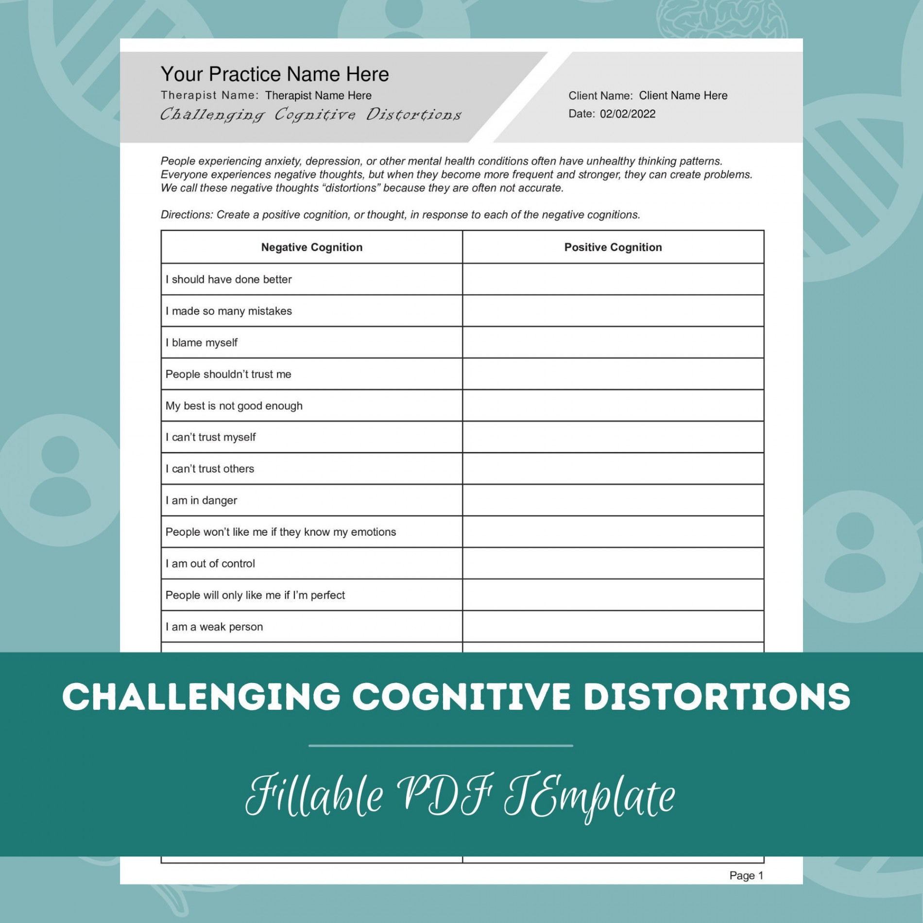 Challenging Cognitive Distortions Worksheet Editable / - Etsy