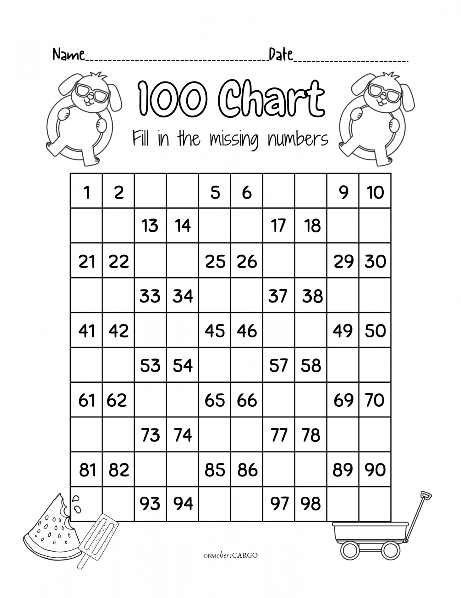 Chart Missing Number  Fill in the Missing Numbers Worksheet