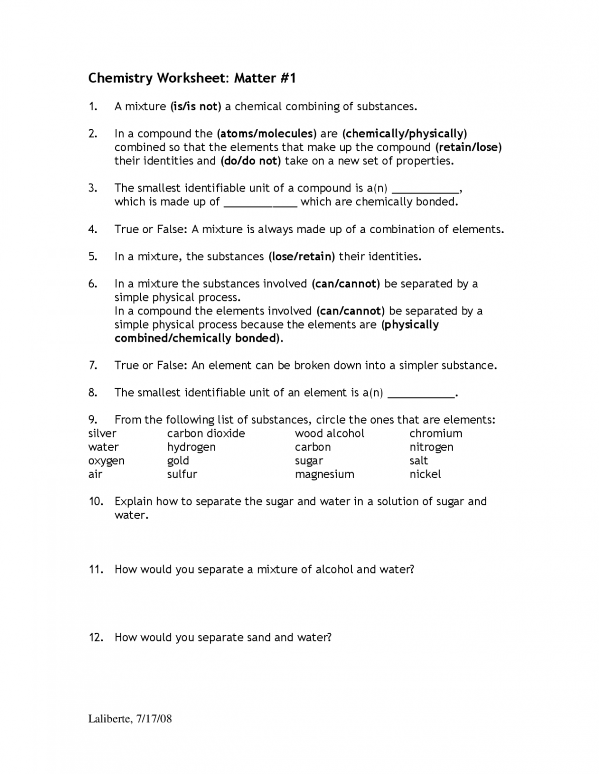 Chemistry Worksheet on Matter  Exercises Physical Chemistry  Docsity