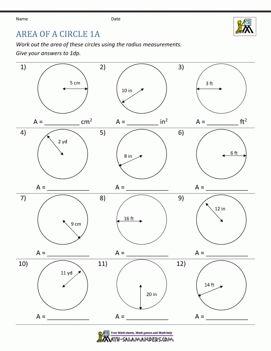 Circumference, Area, Radius, And Diameter Circle Worksheets