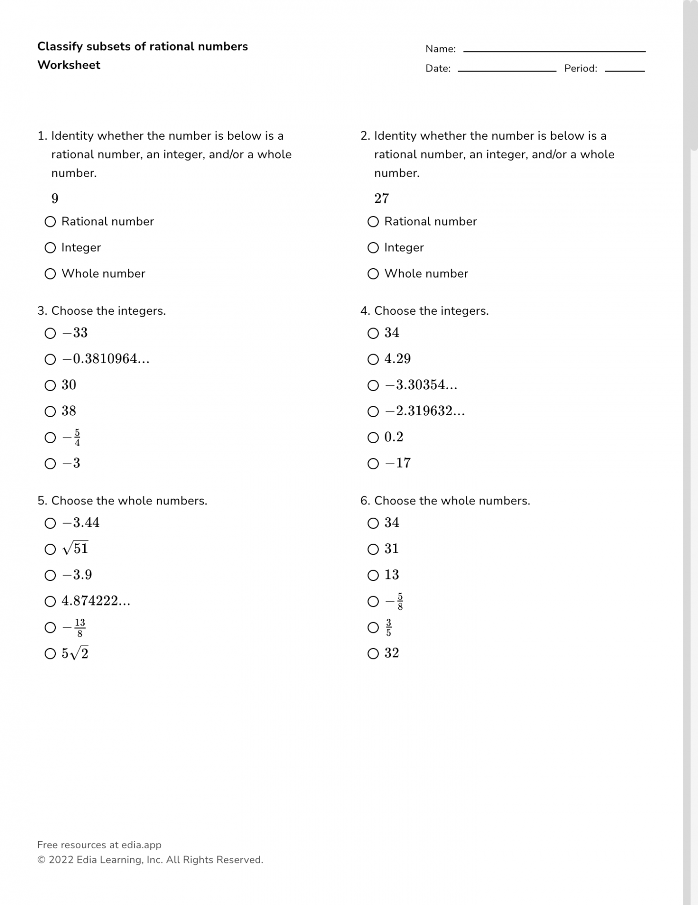 Classify Subsets Of Real Numbers - Worksheet